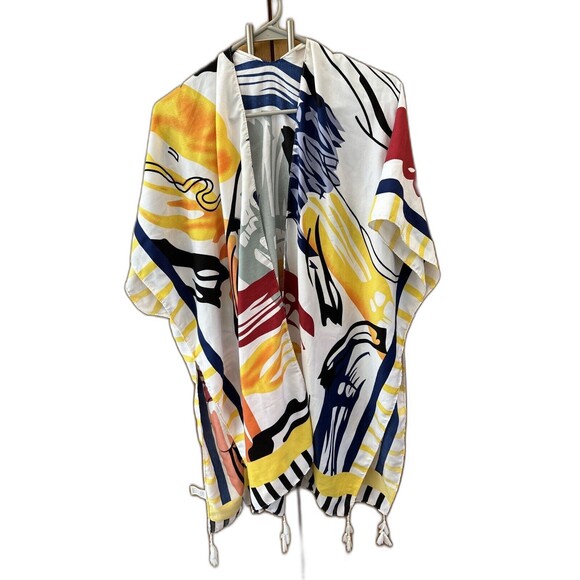 Women Multicolor Poncho Shawl Cardigan Cover Up One Size Tassels Arm Holes - Picture 7 of 7